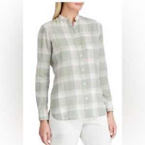 Chaps Womens Mandarin Collar Linen Cotton Plaid Blouse Shirt Hi Low XL